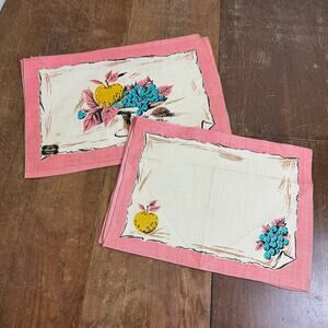 Vintage‎ Bucilla 1950s Pure Linen Hand Printed Fruit Bowl pink teal table linens